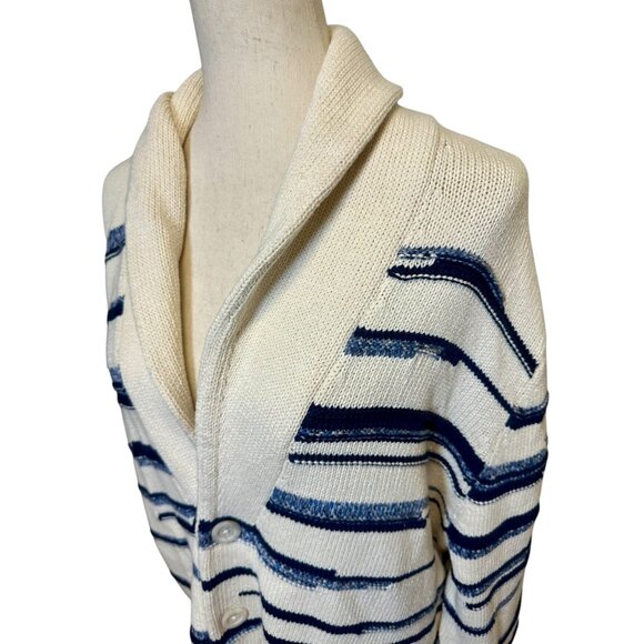 Vince Men’s Shawl Collar Textured Stripe Cardigan Sweater Ivory Navy L NWT $445 - Picture 4 of 10